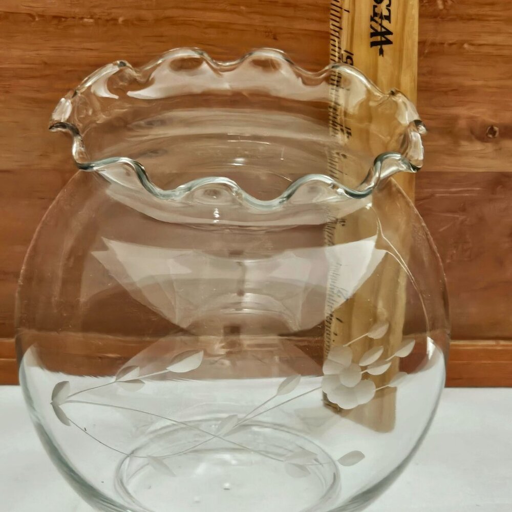 Princess House Heritage Rose Bowl 5in Flower Vase etched ruffle edge crystal vtg - Picture 4 of 4